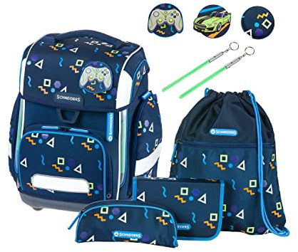 Schneiders 78398-072 - Mochila escolar Ergolite Level One, set de 9 piezas con mochila escolar, estuche, carpeta, bolsa de deporte, 3 motivos de parches y 2 barritas luminosas