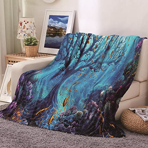 Dicke Wohndecke Warm, Kuscheldecke Bunt Strick Weich Blau Sofaüberwurf Flanell Unterwasserwelt Sofadecke Couchdecke 130X150CM
