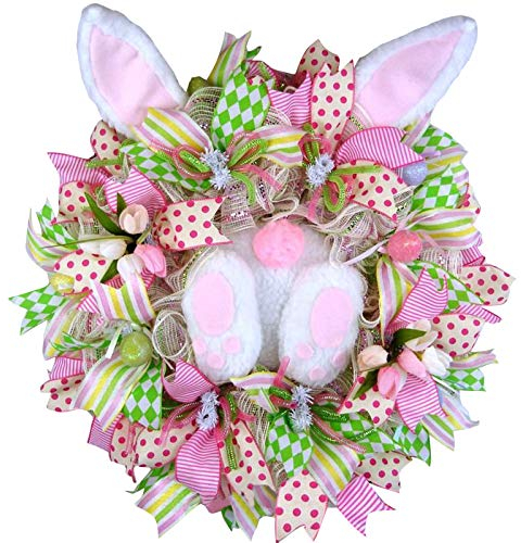 Ostertür Dekorationen Hasen Hintern und Ohren Kranz, Osterkranz Osterei Dekorative Künstliche Blumen Kränze Girlande Wandkranz Türkranz Osterdeko für Hochzeit Tür Wand Fenster Deko (E, One Size) (H)