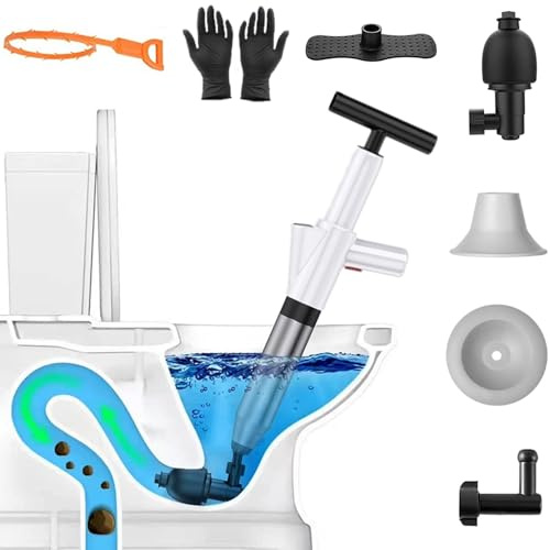 NewFree Toilet Plunger, High Pressure Plunger Kit with Real-Time Barometer, Stainless Steel Air Drain Blaster Gun with 4 Replaceable Heads and 3 Hair Cleaner, for Sink/Floor Drain/Pipe Clog