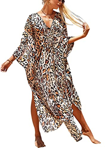 XIAOCILAO Lång kaftan, bohemisk, strandbaddräkt, skyddande badrockar, dam, v-ringad kaftan, maxi, bohemisk, lång, stor storlek, gömd strandbaddräkt