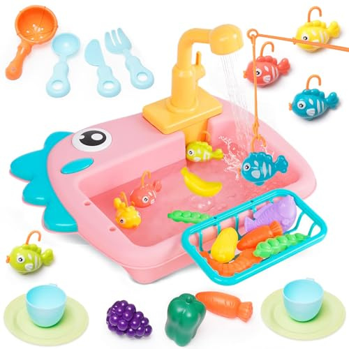 Ensemble de Jouets pour évier de Cuisine pour Enfants avec Jeu de pêche Vaisselle Robinet pour Leau Courante Play Food Accessoires Jouets de Jeu de Rôle Cadeaux Éducatifs pour Enfants