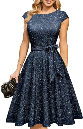 DRESSTELLS Cocktailkleid Damen Glitzerkleid Rockabilly Abendkleider Elegant Hochzeitsgast Silvester Outfit Swing Festliche Weihnachtskleid Glitter Navy M