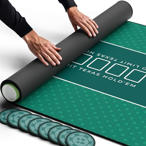 Newverest Tapete De Poker De Mesa 178 x 89 cm, Tapete Texas Hold'em hasta 10 Jugadores, Blackjack Casino Poker Topper con Bolsa con Cremallera Y 8 Posavasos En Caja Regalo