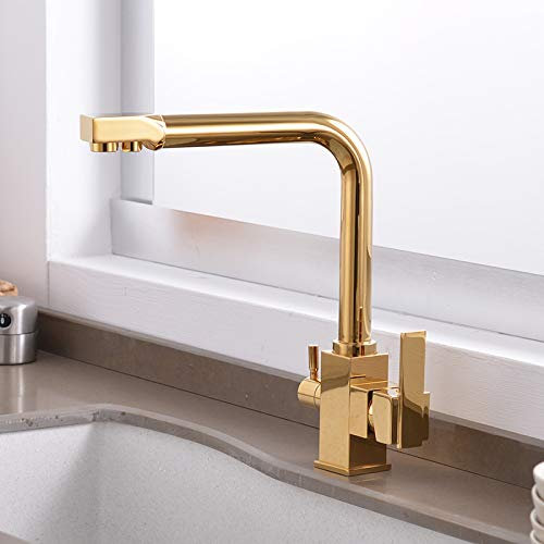 Küchenarmaturen, goldene Trinkwasserfilter-Wasserhähne, Spülbecken-Mischbatterie, 360-Grad-Drehgelenk, Doppelgriff, Deckmontage, gefilterter Kran für die Küche, 3-Wege-Retro-Stil