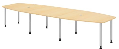bümö Konferenztisch oval 400x130 cm großer Besprechungstisch in Ahorn, Besprechungstisch mit Gestell in Silber, Meetingtisch für 14 Personen, XXL-Tisch für Besprechungsraum & Meeting