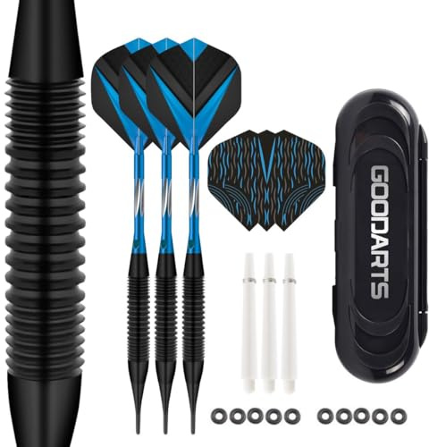 HRLORK Set di 3 freccette professionali con punta morbida in plastica, aste in alluminio, steli e alette con 3 alberi di ricambio bianchi e custodia per freccette, blu