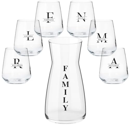 Family Set Caraffa e 6 Bicchieri Personalizzati con Nomi e Iniziali Adatti ad Acqua Vino Birra Tutte le Bevande Idea Regalo Casa Cena Pranzo Feste Famiglia Natale Compleanno Decorazioni