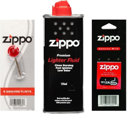 Ziippo Lighter Fluid, 1 x 125ml Fuel Refill + 1 x Genuine Ziippo Wick Fits All Ziippo + 1 Pack of 6 Ziippo Flints