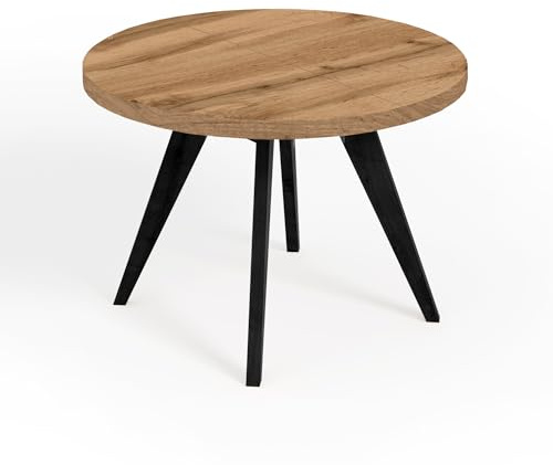 Dekori Möbel Runder Ausziehbarer Tisch für Esszimmer mit Holzbeinen, LORA, Loft-Stil, Skandinavische, Durchmesser Varianten: von 90 bis 220 cm (Eiche Wotan/Schwarz, Durchmesser: 90/140 cm)
