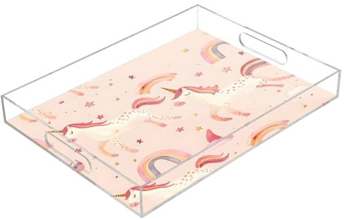 Unicorn Rainbow Pink Acrylic Serving Trays, Clear Rectangular Tray with Handles Serving Platter for Coffee Table Kitchen Bathroom