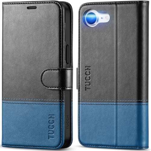 TUCCH Funda Billetera para iPhone 17e/16e 5G 6,1, Negro & Azul Claro | Cuero Sintético, Magnético, Bloqueo RFID, Soporte Plegable, Ranura Tarjeta