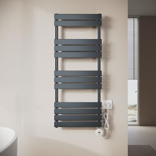 SONNI Scaldasalviette elettrico 1200 x 500 mm antracite con barra di riscaldamento Wi-Fi Smart 600 Watt, piatto scaldasalviette elettrico con elemento riscaldante intelligente per termosifoni da bagno