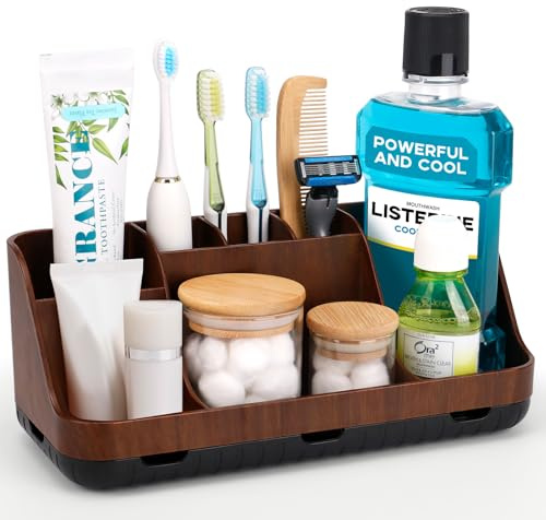 Zahnbürstenhalter für Badezimmer Organizer, elektrische Zahnbürste und Zahnpasta Halter, 7 Slots badorganizer für Badezimmer, Küche und Familie (Brown Wood Grain)