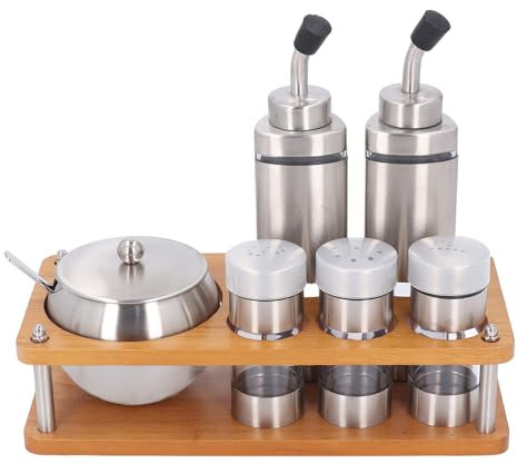 Tomotato Oil and Vinegar Salt & Peppers Cruet Set, Stainless Steel Kitchen Condiment Dispensers Set with Wood Base, Tabletop Salt Peppers Shaker Oil Vinegar Bottles Set