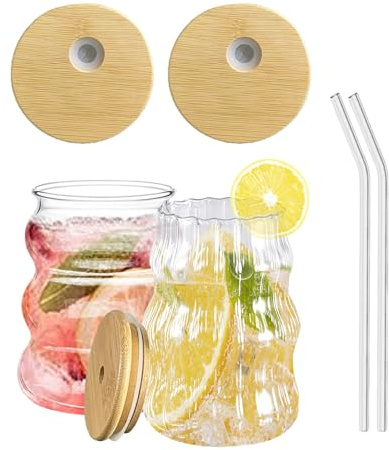 Verre Cafe Lot De 2 530ml Tasses à Cappuccino Et à Latte,Verres Avec Couvercle Et Paille Convient Pour Les Boissons Telles Que Le Verre Matcha, La Bière, Le Jus, Etc