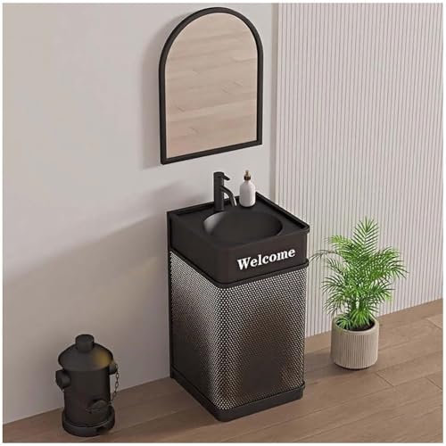 ZTGL Mobile da Bagno con Lavabo Sottopiano Integrato, Lusso Lavandino a Colonna con Bordo di Ritenzione Idrica, Industriale Mobile da Bagno, Lavandino su Piedistallo,Nero,with Mirror