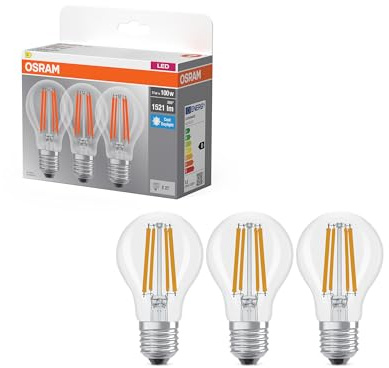 Osram Lampe LED Culot Classique forme d'ampoule E27 claire 6500K, LED à | LED Base Classic A 100 Filament, LED Lamps, Clair, 60 mm dia, 10000 h, pack de 3
