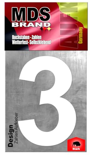 MDS Brand Design 20cm Zahlen Aufkleber | Selbstklebende Hausnummern zum aufkleben | Klebezahlen für Mülltonne, Briefkasten, Hausnummer & Auto | Optimal für Außen & Innen (Weiss, 3)