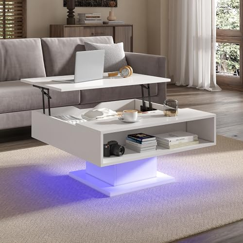 KEEPREAPER Lift Top Coffee Table with Storage, Square White Led Coffee Table with Large Hidden Storage, Wood Living Room Table Led Center Table for Dining Reception Room, White