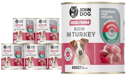 JOHN DOG Premium Hundenassfutter reich an Pute - Glutenfreies Nassfutter mit 95,7% Tierische Zutaten, Vitamin D3 und Gemüse - für ausgewachsene Hunde Aller Rassen 6X 800g