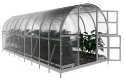 Juego de invernaderos KLASIKA 3 x 6 m con policarbonato de 6 mm, puerta adicional, estante, sistema de riego, 2 camas elevadas y abridor automático de tragaluces