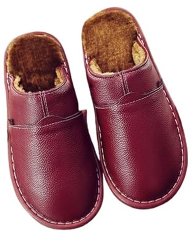 ZHOUXYFDC herrtofflor läder hemmatofflor vinter varma plyschtofflor sovrum unisex hus inomhusskor, Vinröd, 41 EU