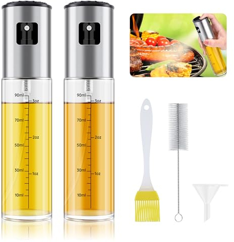 Olive Oil Spray Bottle, Oil Spray Bottle for Cooking, 2PCS Glass Oil Spray for Air Fryer, Kitchen and BBQ, 100ml Capacity, Reusable & Non-Slip & Leakproof