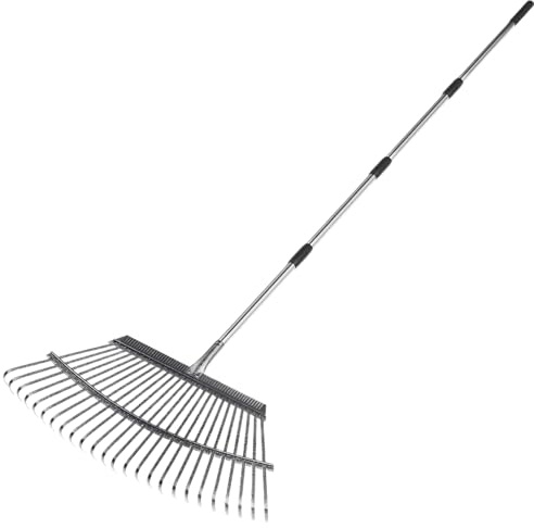 Rastrillo de acero inoxidable de 63 para hojas con 4 secciones y 25 púas, herramienta de jardín ajustable y resistente para áreas grandes de césped, jardín, metal, hojas, patio, césped.