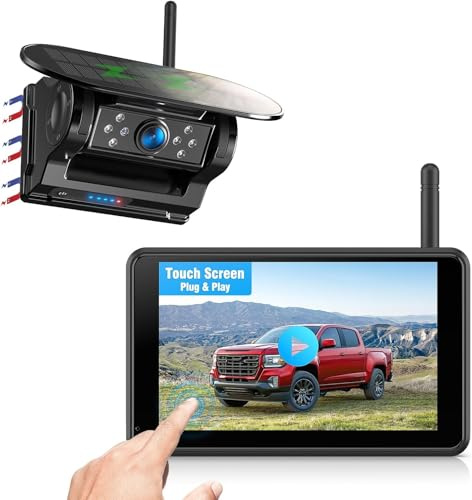 Magnetisch Solar Rückfahrkamera Kabellos 5 1080P Touchscreen Monitor mit DVR, BSD, Infrarot-Nachtsicht, 1-Min Installation, IP69K wasserdicht für PKW, LKW, Anhänger, Wohnmobil und Camper