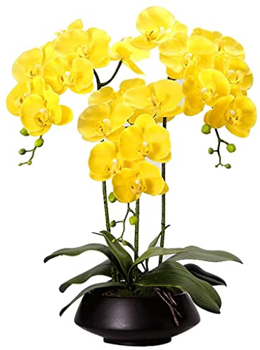 WDSOPK Artificial flowers Orchid Orchids Artificial Plant Faux Orchids Touch Realistic Flower Planter for Home Living Room Kitchen Decor natural look,Yellow(Yellow)