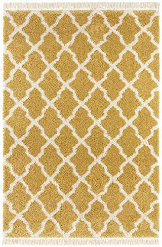 Teppich Pearl Hochflor Wohnzimmer-Teppich Weich Flauschig Langflor Shaggy Flokati Skandi Muster mit Fransen für Kinderzimmer Schlafzimmer Küche Flur Gold Creme 80x150 cm