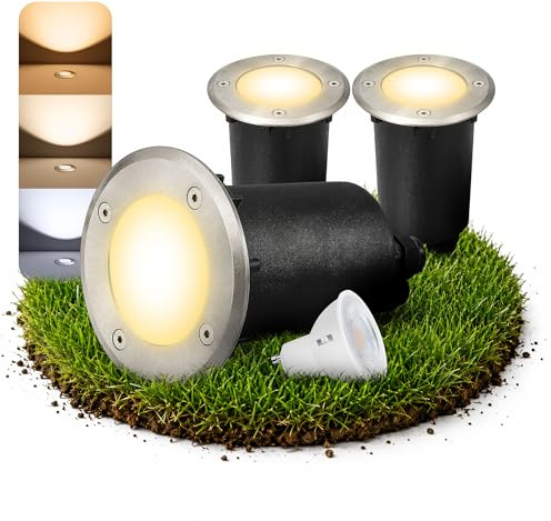 SSC-LUXon MARNE Bodeneinbauleuchte 3 Stück rund IP67 GU10 6W 3 Lichtfarben | Befahrbare Bodenstrahler im 3er Set rund für Garten, Terrasse & Einfahrt - trittfest bis 2t, je 2 Gläser klar & matt, Ø108mm