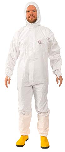 Protec Classic Overall - Weißer Einweg Schutzanzug für Asbest-Entsorgung, Lackierarbeiten uvm. | Ganzkörperanzug mit ergonomischer Kapuze | Taillengummi für Größenanpassung | EN 1073-2, 1149-5, 14126