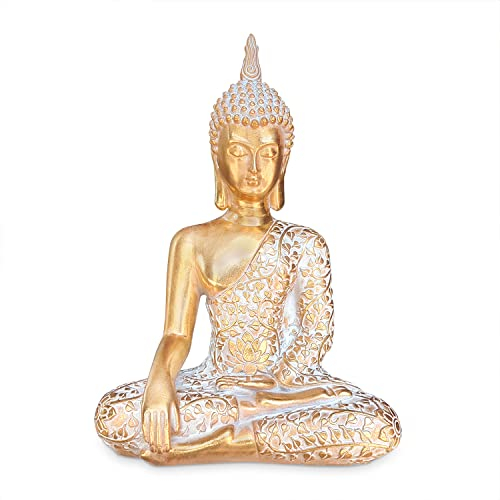 dszapaci Buddha Statue Gold 30cm Dekofigur sitzend mit weißem Muster Buddha Deko Figur klein