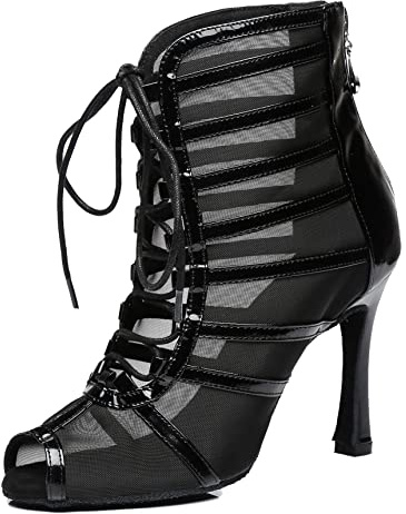 MINITOO Dam dansklubb stövlar nät eleganta sommarpartyskor, L447 Svart 10 cm klack, 37.5 EU