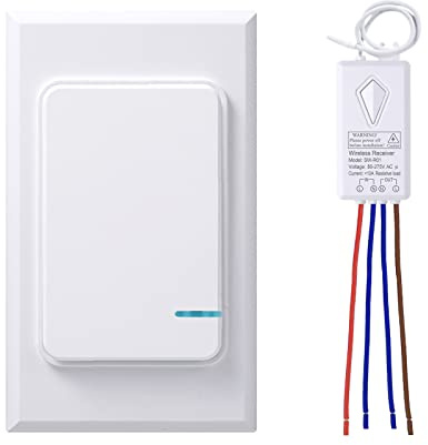 Thinkbee Wireless Light Switch and Receiver Kit, Mini Remote Control Switch with Wall Plate for Ceiling Lights, Lamps, Lighting Fixture, No Wiring No WiFi Needed, Outdoor 1969ft Indoor 328ft RF Range