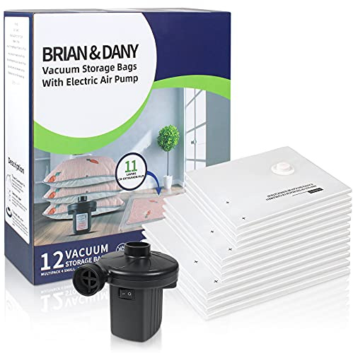 Brian & Dany Vakuum-Aufbewahrungsbeutel Aufbewahrungstasche mit elektrischer Pumpe, vakuumversiegelt, platzsparend, für Kleidermatratze, 12 Stück (4 Jumbo, 4 Groß, 4 Mittel)