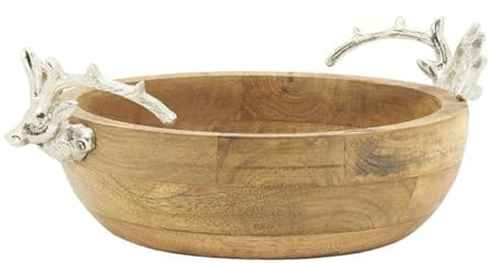 AUBRY GASPARD - Corbeille en Manguier Cerfs - 2 Poignées en Aluminium - Dimensions 34 x 25 x 13 cm - Bol Ø 25 cm x Hauteur 8 cm - Design Élégant Tête de Cerfs - Idéale pour Cuisine et Arts de la Table