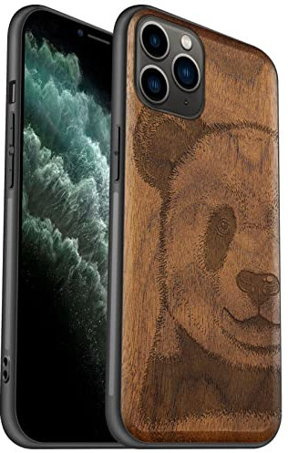 Carveit Coque pour iPhone 11 Pro [Élégant Noyer] [Pare-Chocs en TPU Souple] Coque de téléphone Antichoc Compatible avec 11Pro Coques en Bois (Panda)