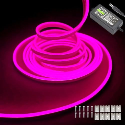 Pink neon LED strip lights – 16.4ft/5m 12V DC flexible rope light with 600 high-density SMD2835 LEDs, featuring IP65 waterproof rating for indoor and outdoor decoration (includes power adapter).