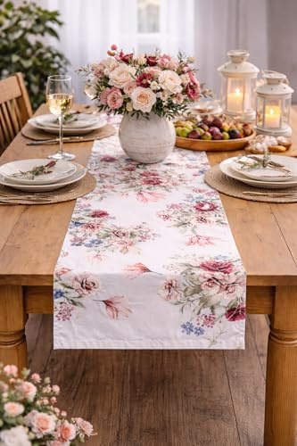 KAMACA Tischläufer Rosen-Zauber – 40x90 cm – Brillanter Blumen-Print für Küche & Esszimmer – Romantische Tischwäsche mit prachtvollem Rosen-Motiv – Pflegeleicht & Waschbar