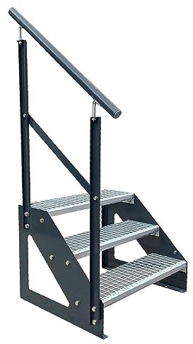 Kaminbau Mierzwa Premium Treppe Anthrazit Freistehend 3 Stufen(Verzinkt) Geländer Links (Breite 600 mm) (Höhe 57cm) Wetterfest Gitterroststufe Gartentreppe