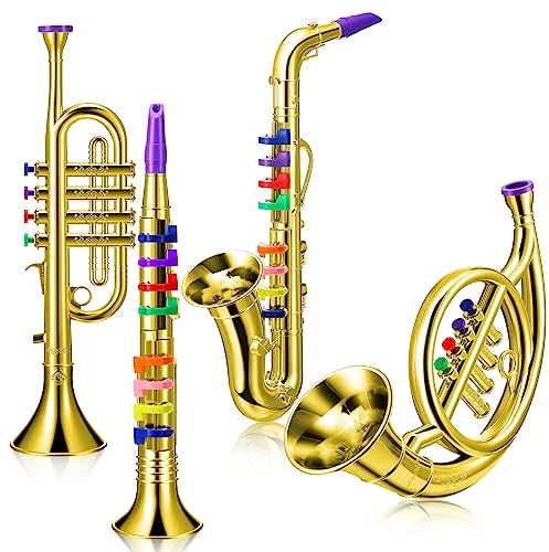 Treela Set of 4 Musical Instruments for Kids, Toy Clarinet Saxophone Trumpet and Horn Set for Beginners with Over 10 Color Coded Keys, Christmas Educational Musical Gifts for Children Toddlers(Gold)