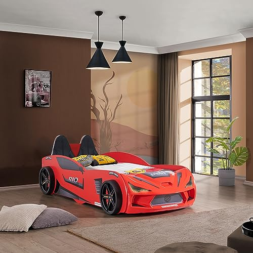 Aileenstore Autobett Kinder Kinderbett Rio 90x200 Rennwagenbett inkl. Lattenrost LED-Leuchte Spoiler (inkl. Creativ Fresh H2 Matratze, Rot inkl. Sportsitze)