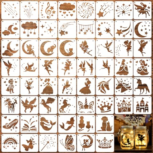 SRIZIAN 60 Stück kleines Schablonen Set mit Feen, 7,6x7,6cm wiederverwendbare Schablonen für DIY, Scrapbooking, Kindermalerei, Holz, Wand, Möbel, Leinwand, Deko, Weiß