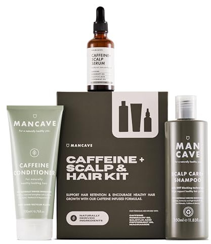 ManCave Caffeine+ Scalp & Hair Kit with 3 Haircare Essentials for Healthier Hair and Scalp, Scalp Care Shampoo, Caffeine Conditioner and Caffeine+ Scalp Serum, Sulphate Free, Vegan, Cruelty Free
