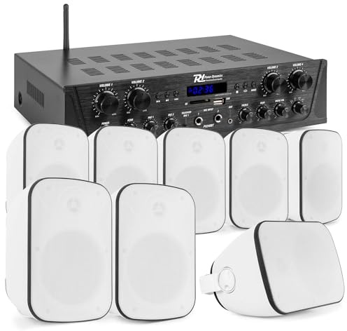 Power Dynamics Komplette Lautsprechereinrichtung, 8X Speakers BD50W 120 Watt, 4 Zonen Verstärker PV240BT, Lautsprecher Installation 100M Kabel, Lautsprecher System, Bluetooth Soundsystem, Weiß