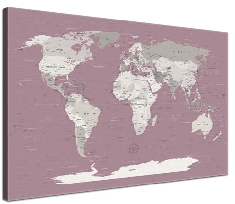 LANA KK Weltkarte-Pinnwand als Leinwandbild, pinne Deine Reisen und Erinnerungen – World Map Altrosa - Deutsch - Landkarten-Wandbild in rosa, 60 x 40 cm