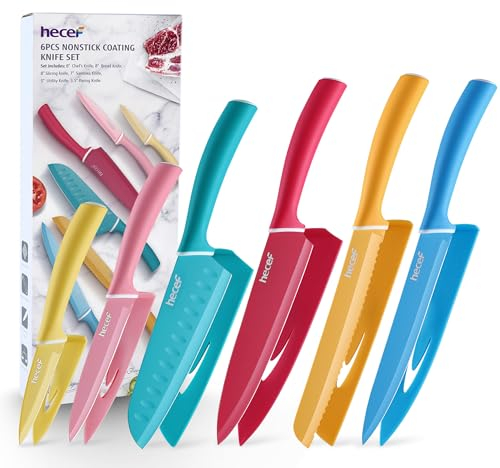 hecef Küchenmesser Set 6-teilig, Edelstahl Messer mit Schutzhüllen, Scharfe Messer Set mit Bunte Non-Stick Klinge und Soft Touch Griff, Profi Kochmesser Set für Köche, Spülmaschinenfest